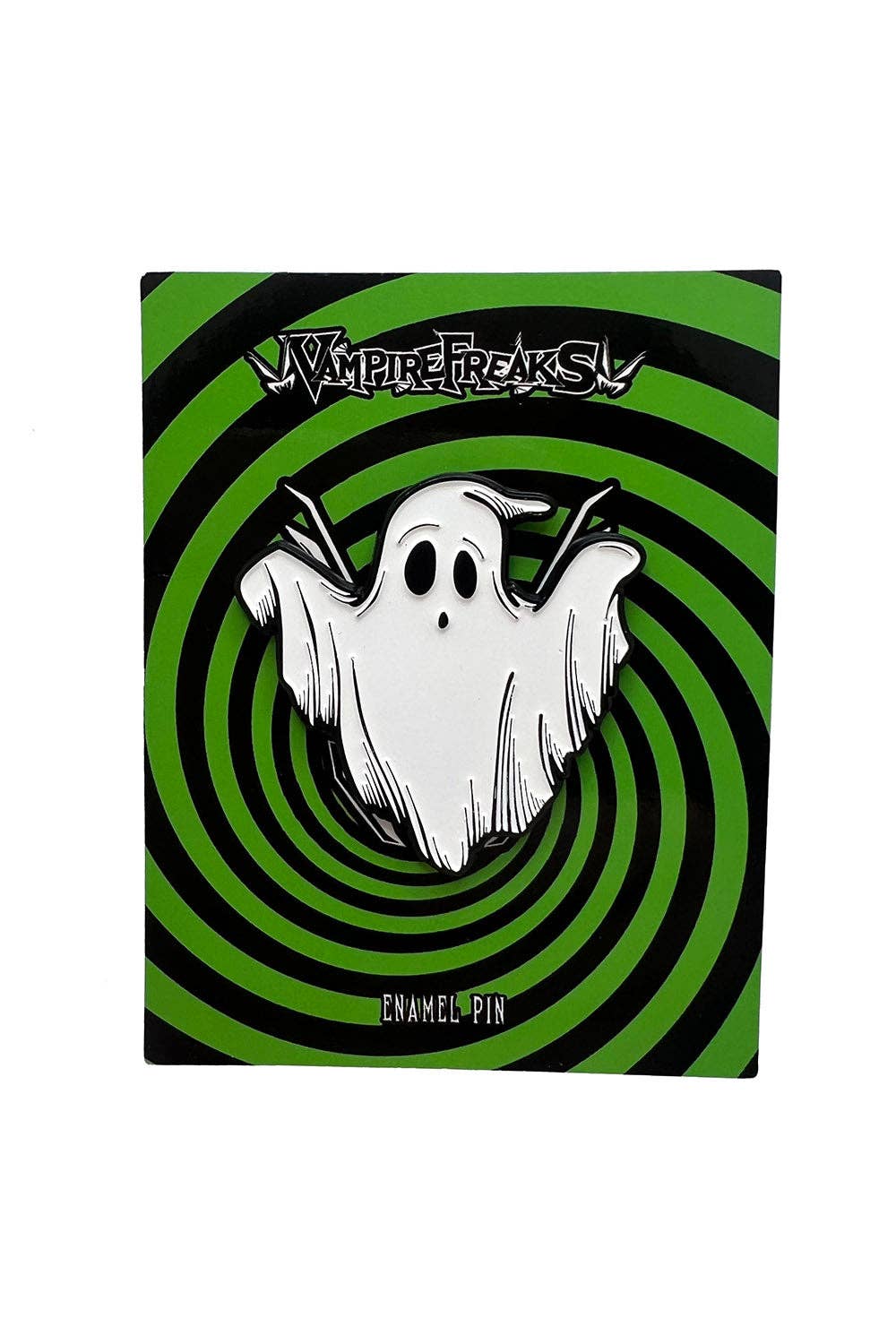 Enamel pin with a ghost design on a green and black striped background, branded 'Vampire Freaks'.