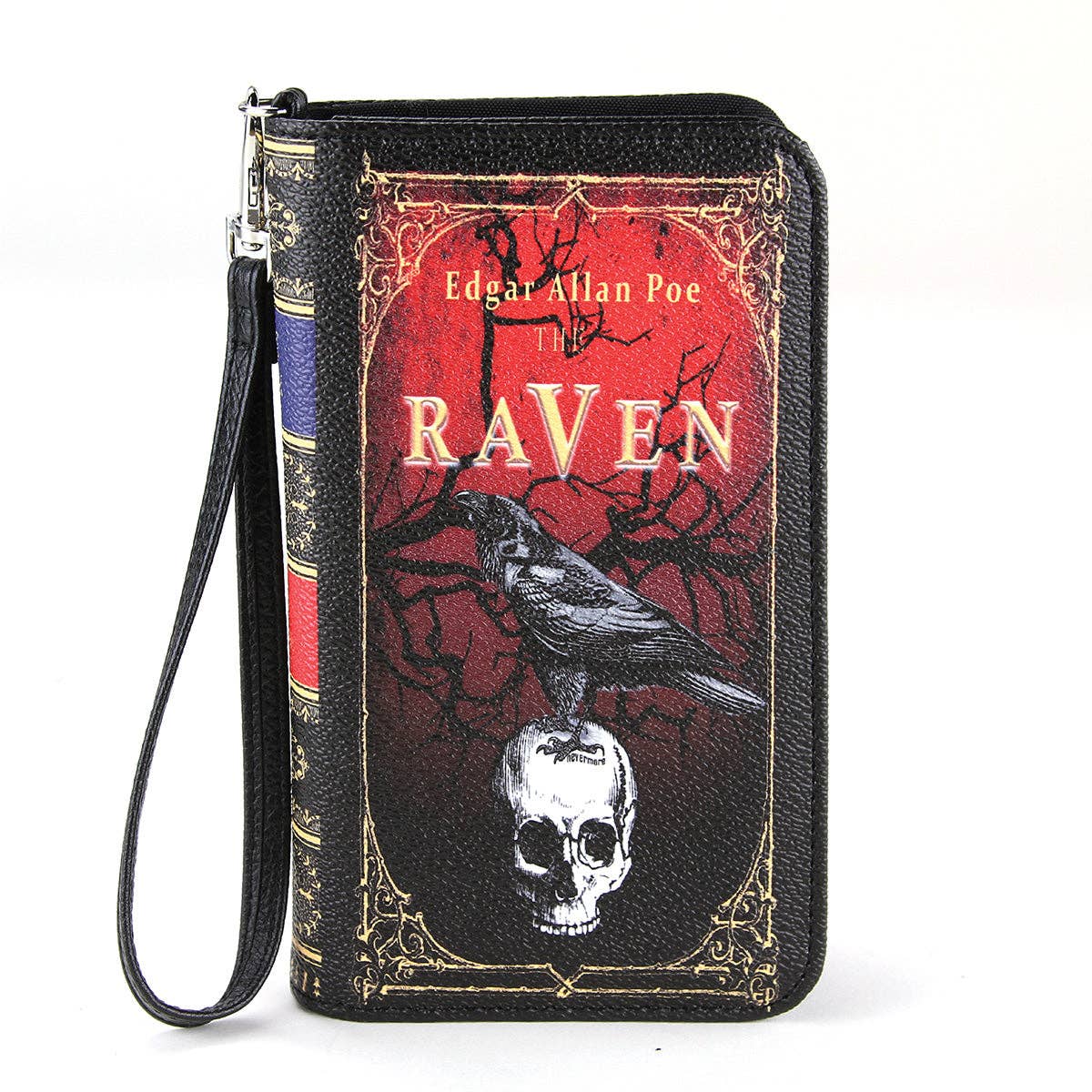A black faux-leather zip-around wallet featuring a gothic 'The Raven' book cover design from Edgar Allan Poe, complete with a wrist strap, on a white background.