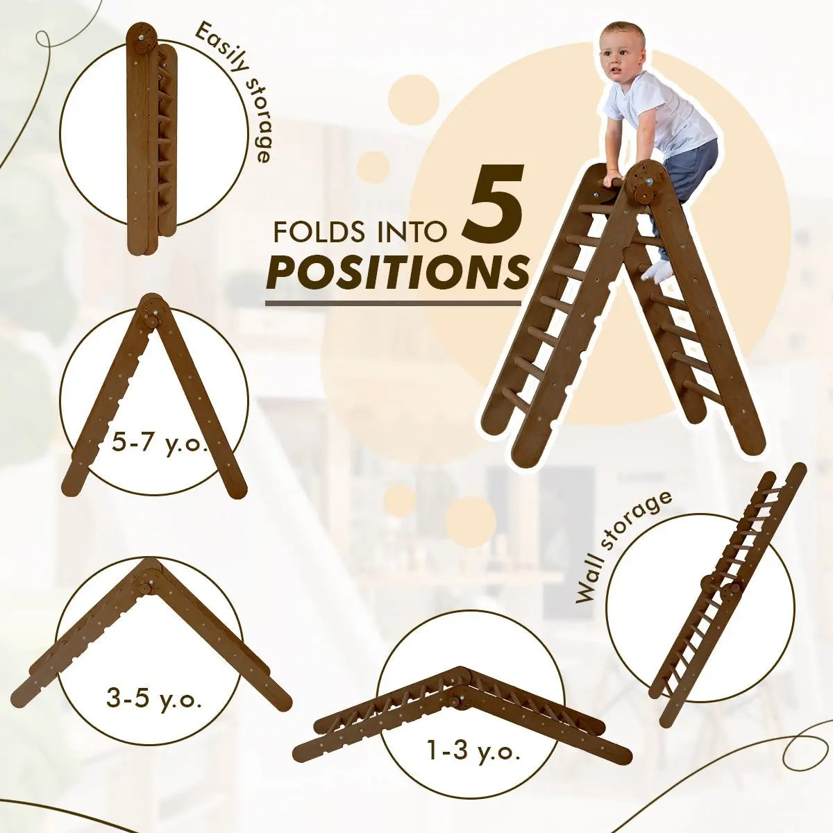 5in1 Montessori Climbing Set: Triangle Ladder, Climbing Arch, Slide, Net & Cushion – Chocolate