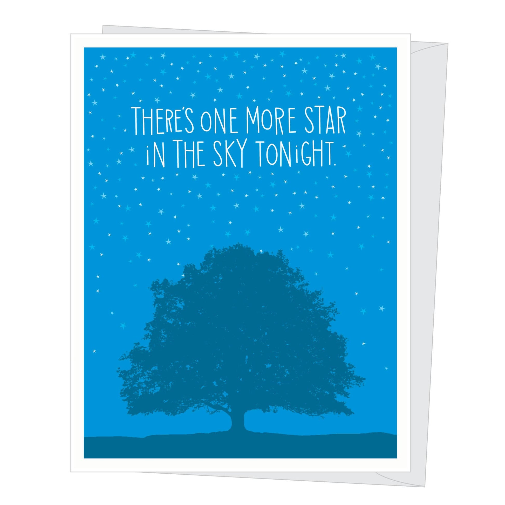 Greeting card with tree silhouette and starry sky, text 'There's one more star in the sky tonight' on blue background