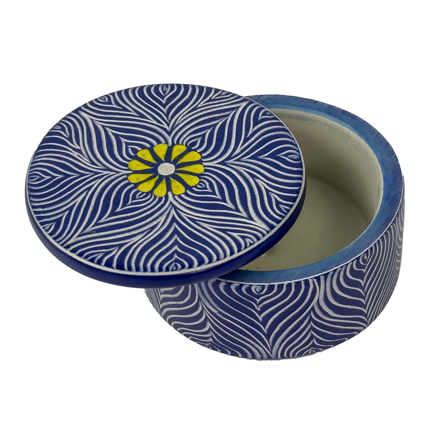 Soapstone Blue Round Container with Yellow Flower Accent