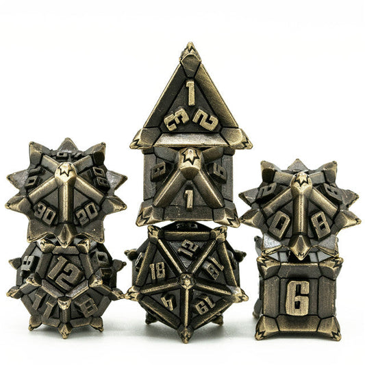 Vintage Brass Color Pinwheel Strengthened Metal 7-Dice Set | Metal DND Dice