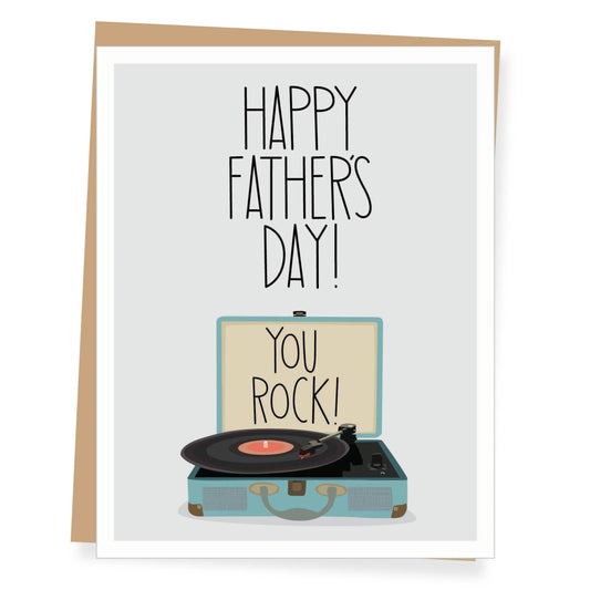 Father's Day card with a record player illustration and 'Happy Father's Day! You Rock!' text.