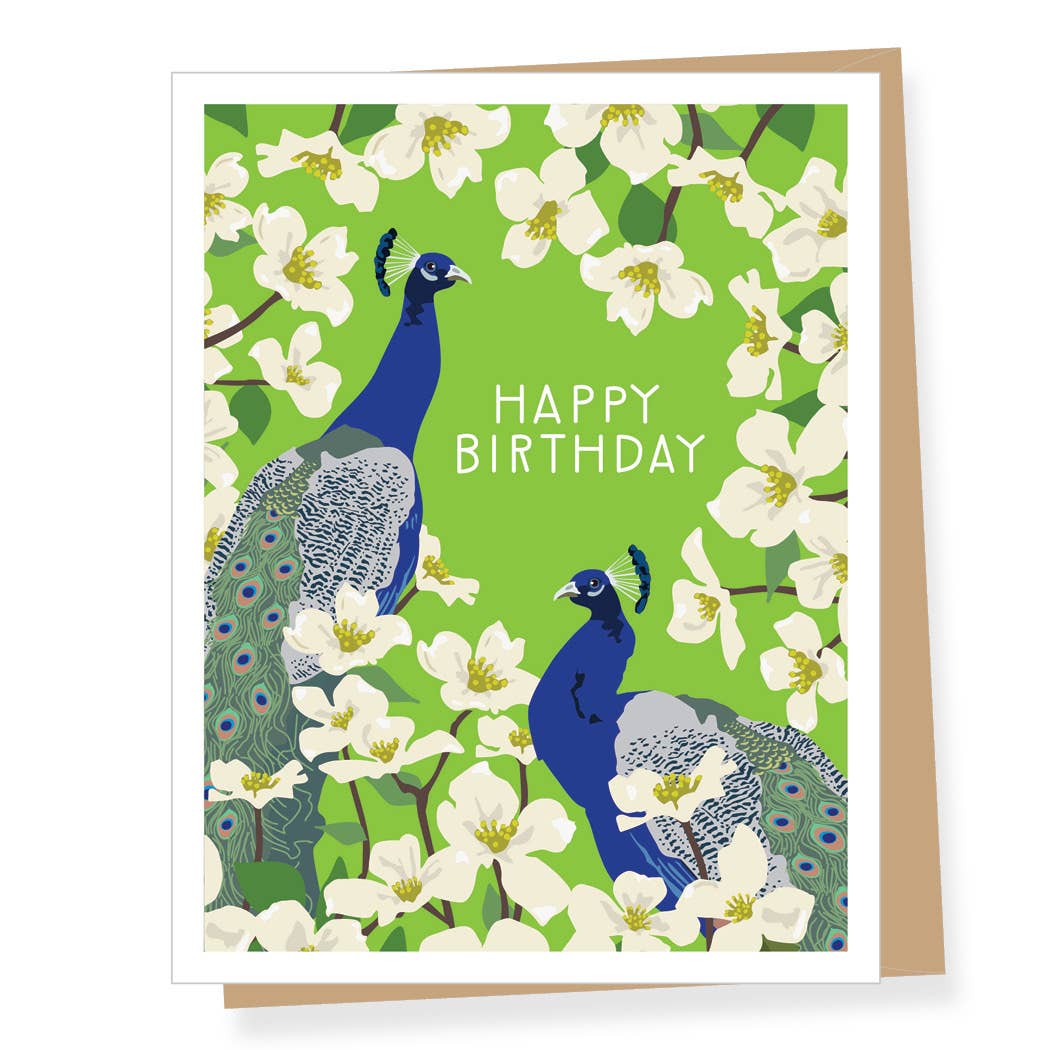 Birthday card with peacocks and flowers on a green background
