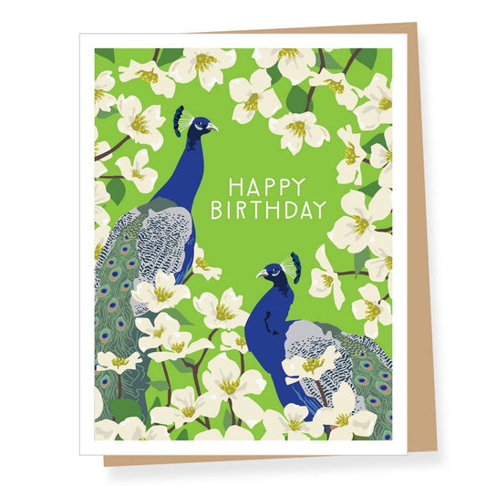 Birthday card with peacocks and flowers on a green background