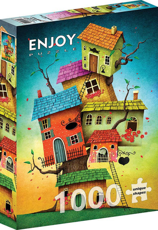 Puzzle box with colorful houses on a tree, labeled 'Enjoy Puzzle' and '1000 unique pieces'.