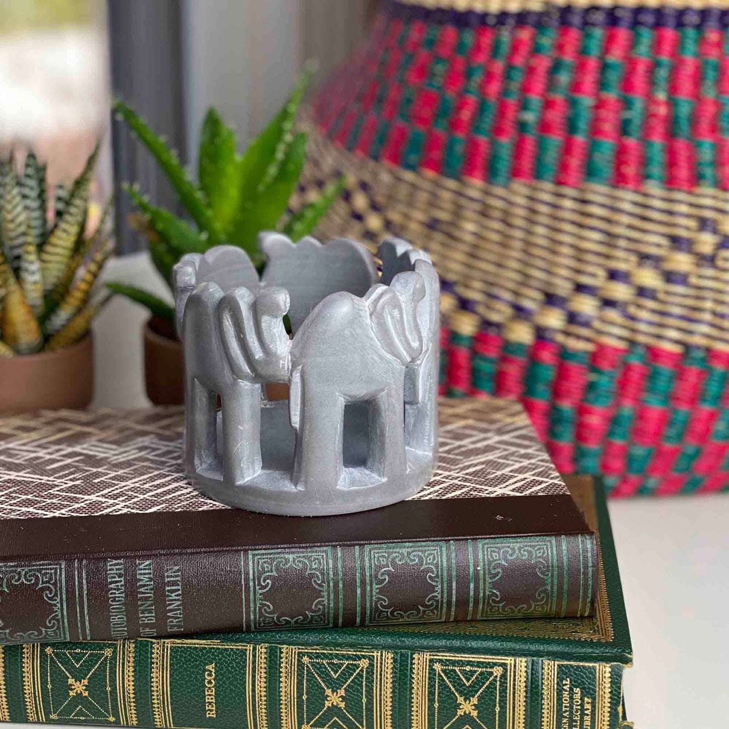 Gray Stone Circle of Elephants Soapstone Sculpture