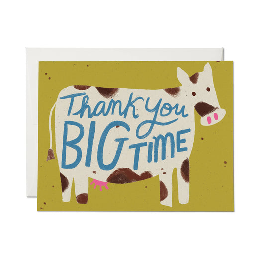 Greeting Card with a cow illustration and 'Thank you BIG time' text on a green background