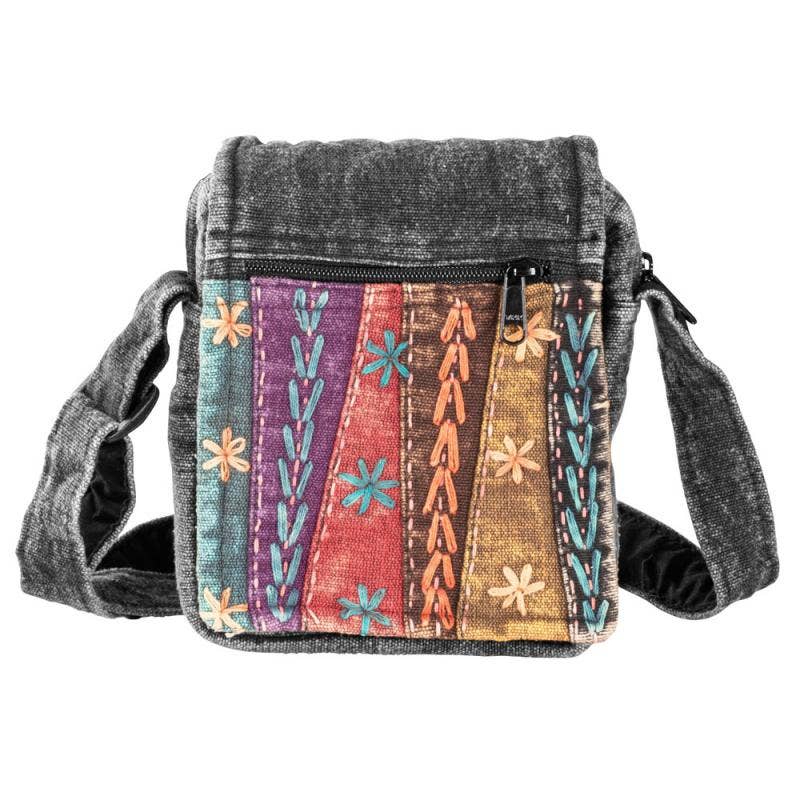 A distressed gray fabric crossbody bag with a colorful embroidered patchwork front panel featuring vertical stripes in purple, red, orange, and brown with floral and leaf embroidery, shown on a white background.