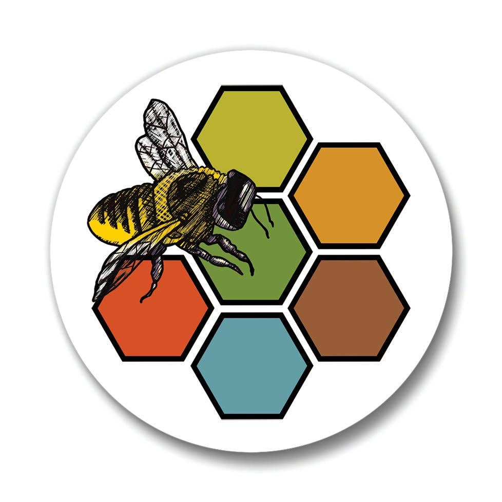 Drink coaster with a bee and hexagonal honeycomb pattern on a white background