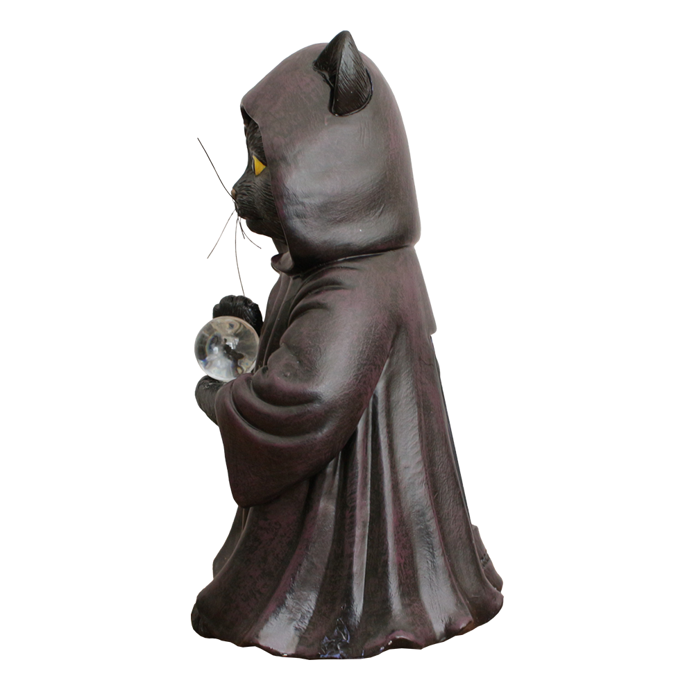 Ominious Black Cat Wizard Figurine, 7" Solar Light