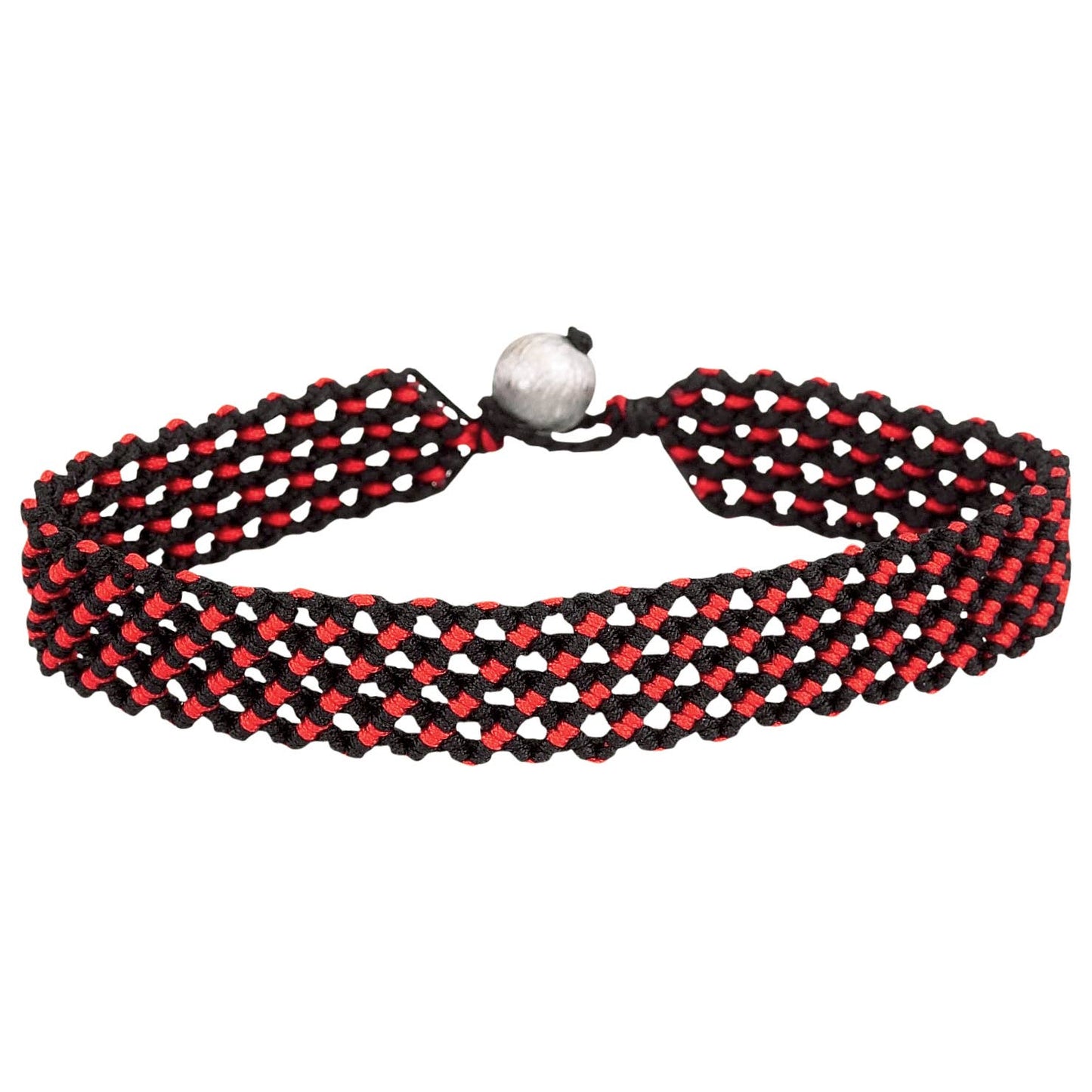 Red and black braided bracelet with a silver clasp on a white background