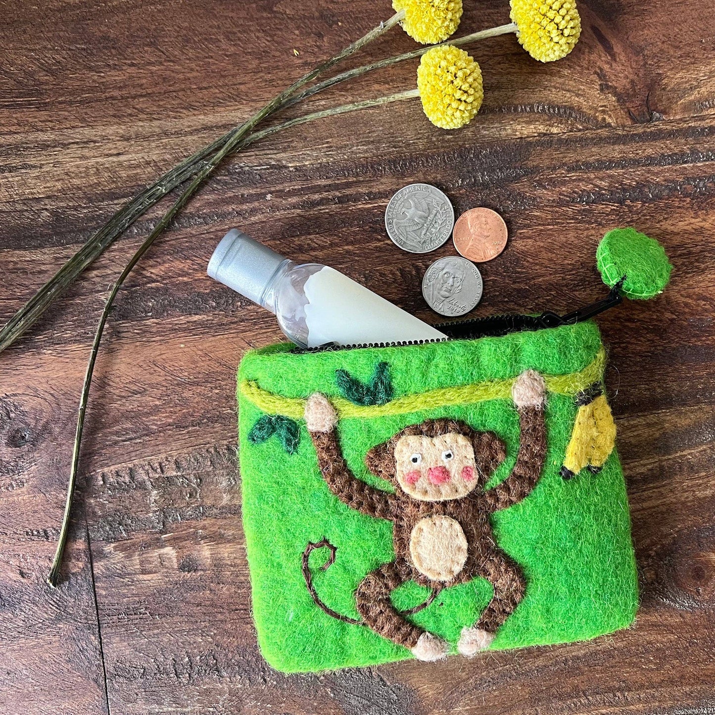 Handcrafted Monkey Felt Zipper Pouch
