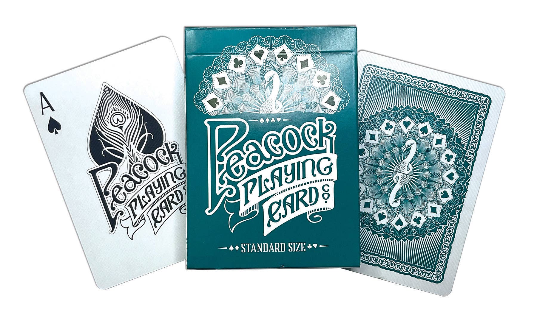 Teal deck of Peacock playing cards with an Ace of Spades showing.