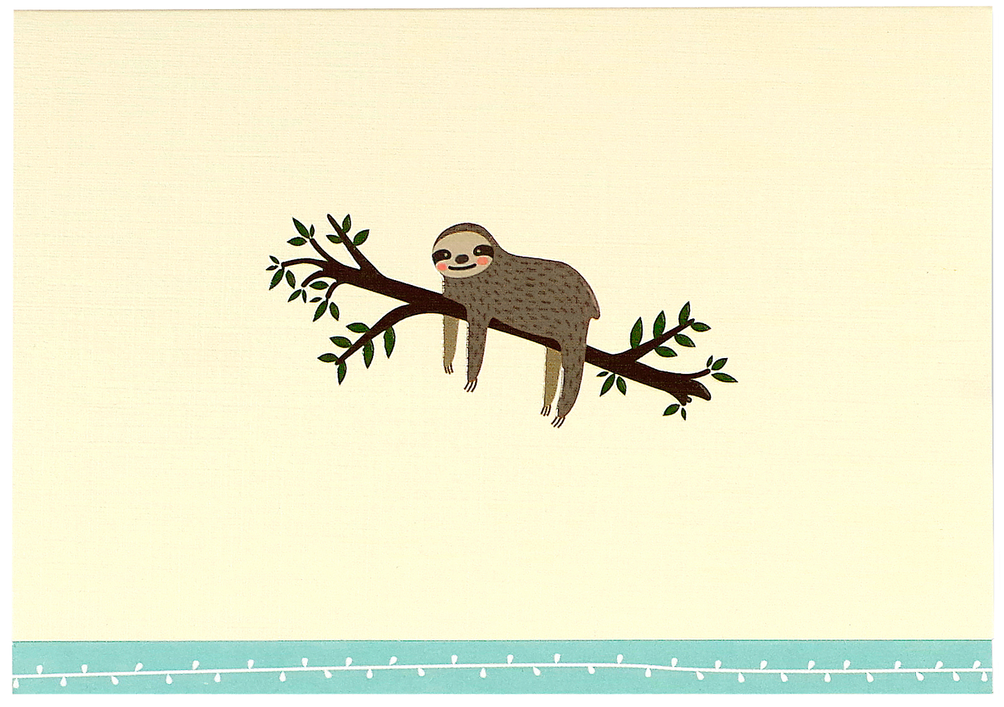 Notecards with a cute illustration of a brown sloth hanging from a leafy branch, centered on a pale cream background with a light blue dotted border along the bottom edge.