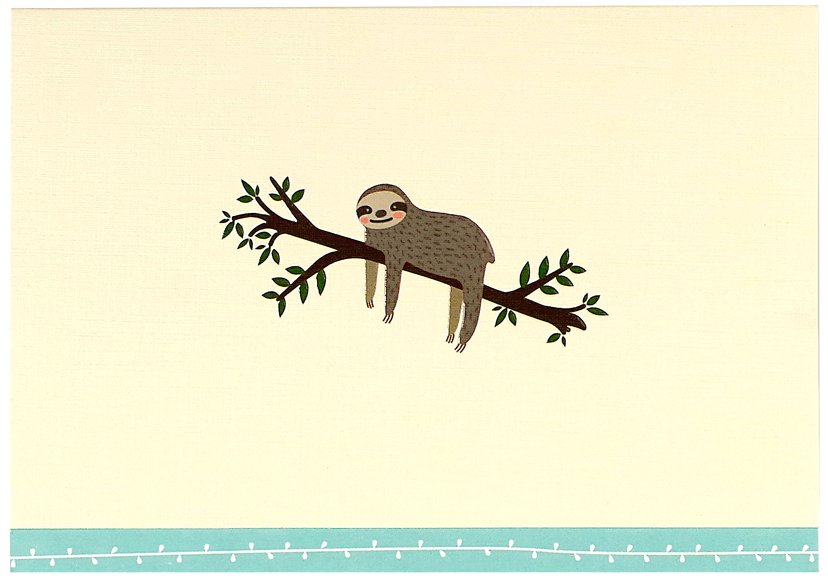 Notecards with a cute illustration of a brown sloth hanging from a leafy branch, centered on a pale cream background with a light blue dotted border along the bottom edge.