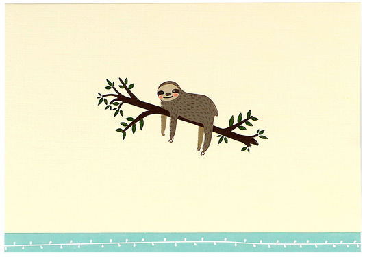Notecards with a cute illustration of a brown sloth hanging from a leafy branch, centered on a pale cream background with a light blue dotted border along the bottom edge.