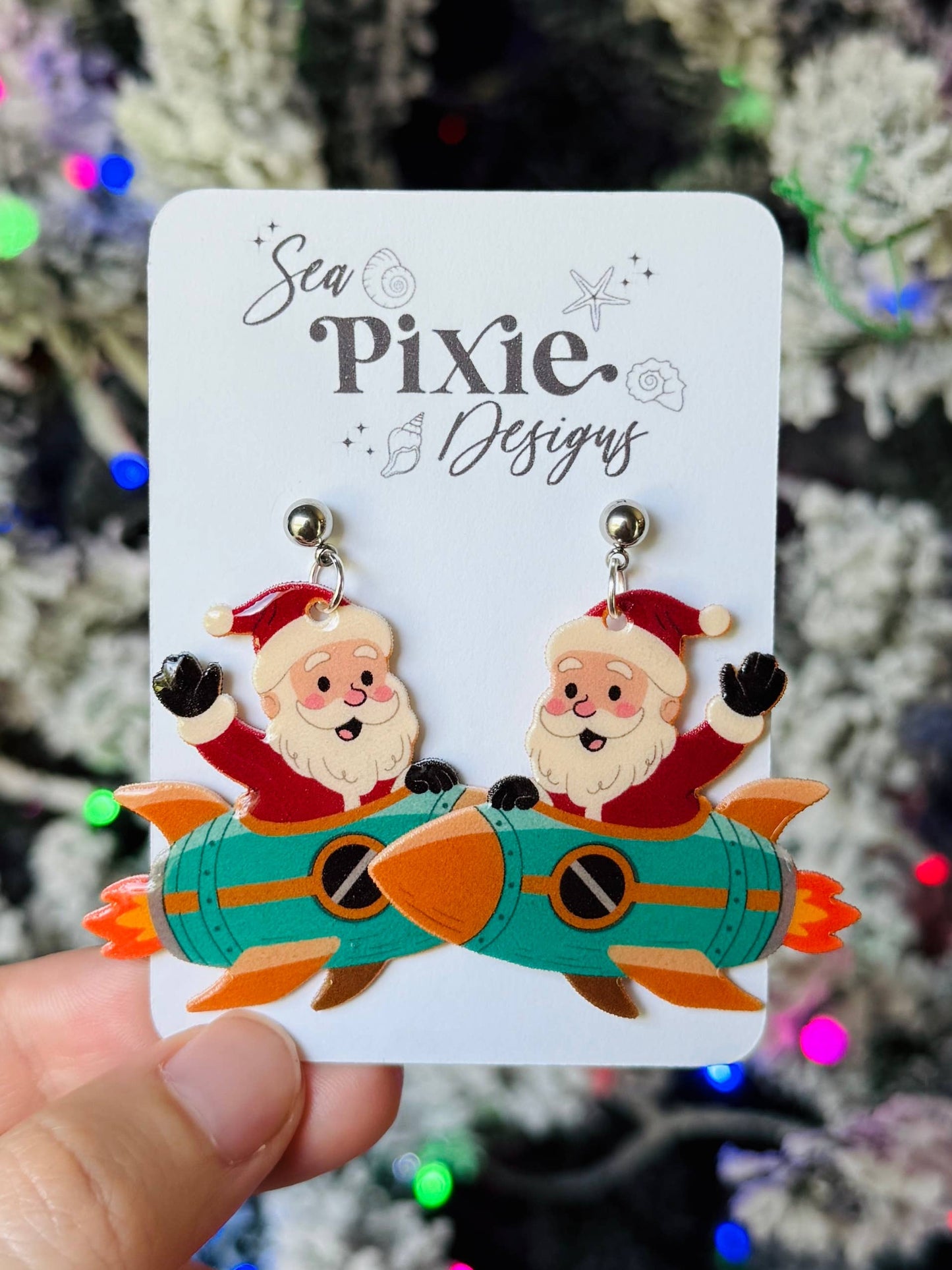 Retro Vintage Santa Claus Rocket Christmas Dangle Earrings