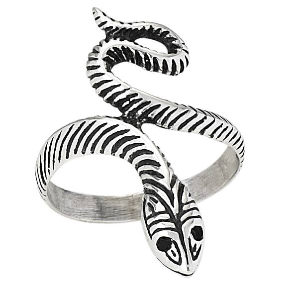 Sterling Silver snake-shaped ring with black detailing on a white background