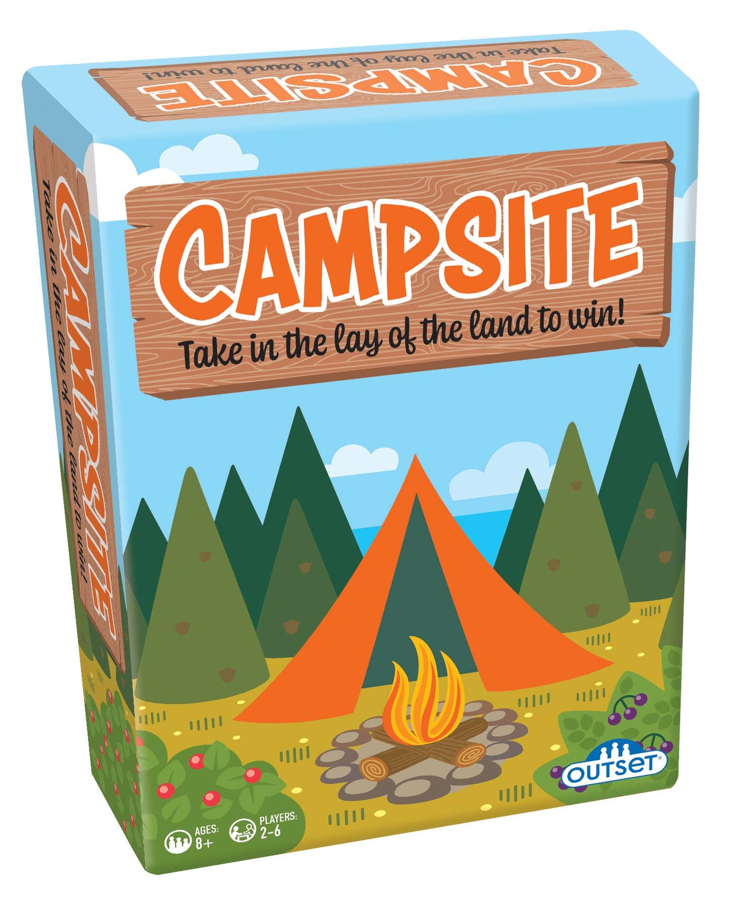 Board game box titled 'Campsite' with camping-themed graphics on a white background