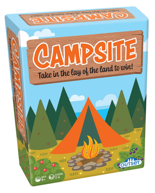 Board game box titled 'Campsite' with camping-themed graphics on a white background