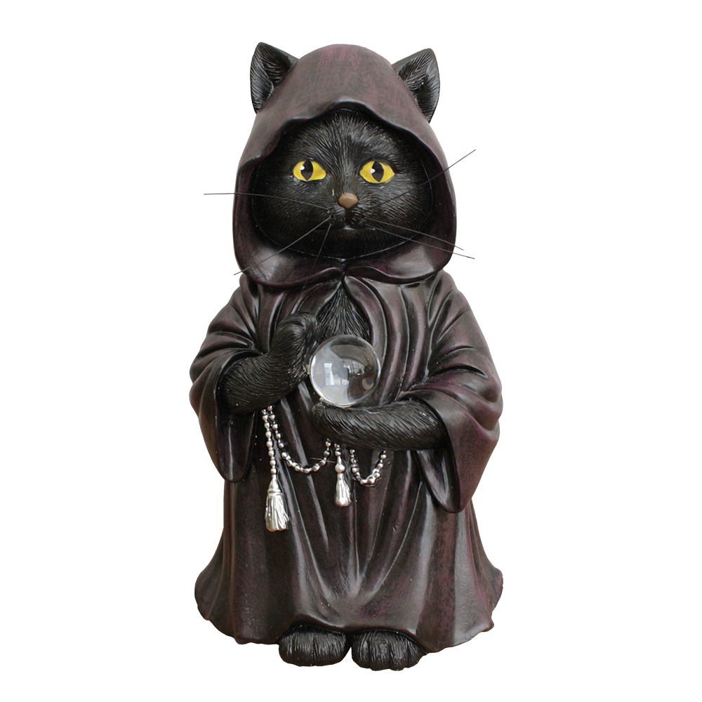 Ominious Black Cat Wizard Figurine, 7" Solar Light