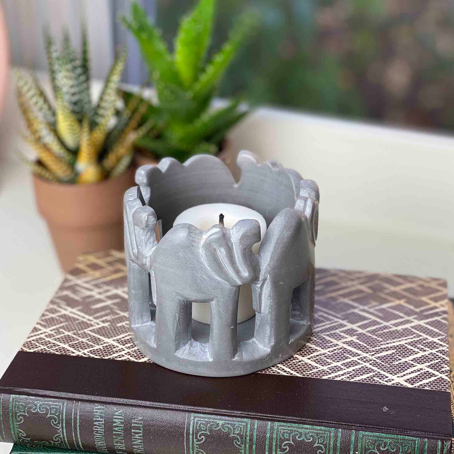 Gray Stone Circle of Elephants Soapstone Sculpture