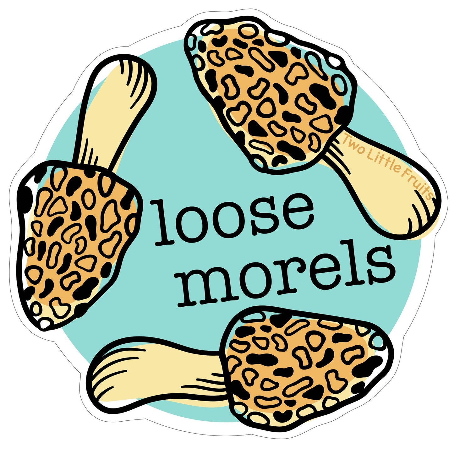Sticker with illustrations of morel mushrooms and the text 'loose morels' on a blue background.