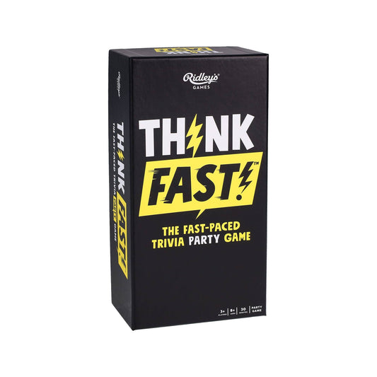 Black box of 'Think Fast' trivia party game on a white background