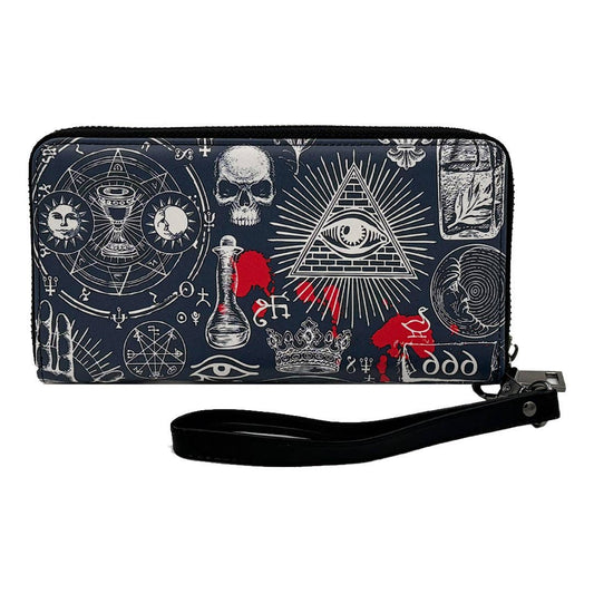 Wristlet wallet with alchemical symbols and designs on a white background