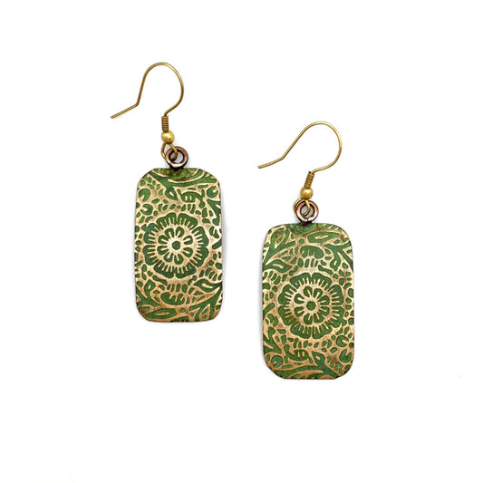 Chartreuse Floral Scrollwork Brass Patina Earrings