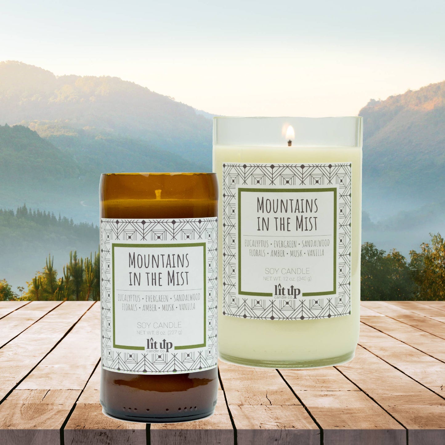 Mountains in the Mist 12 oz soy candles in wine bottles