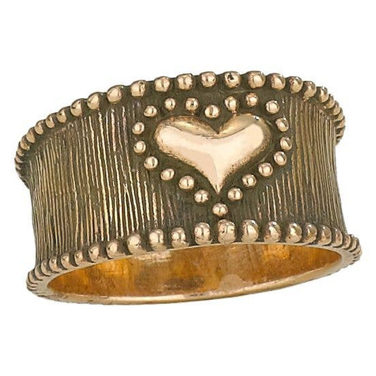 Bronze ring with a heart design on a white background