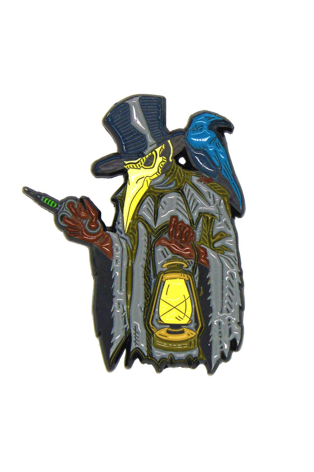 Pin with a stylized Plague Dr character wearing a top hat, holding a cane, and a bird on its shoulder, set against a white background.