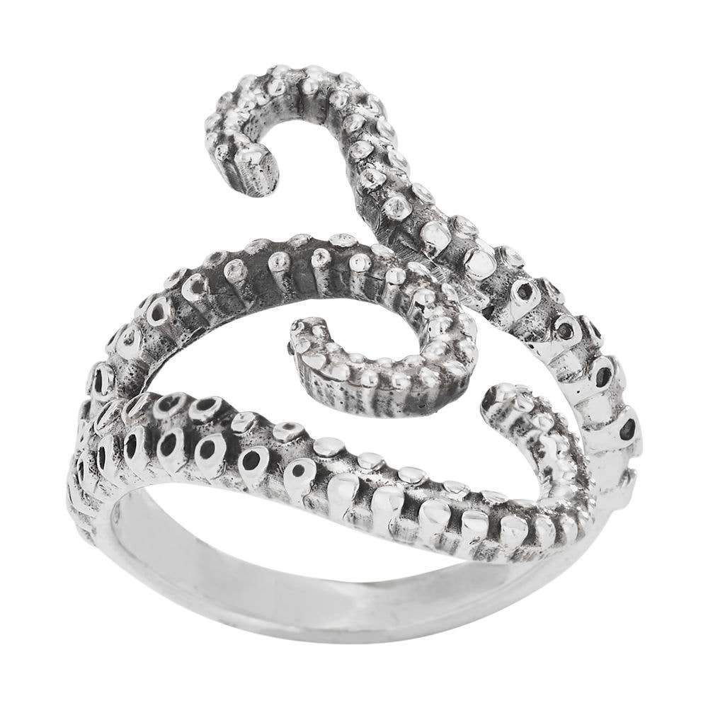 Sterling Silver octopus tentacle ring on a white background
