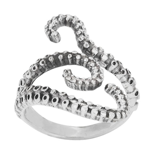 Sterling Silver octopus tentacle ring on a white background