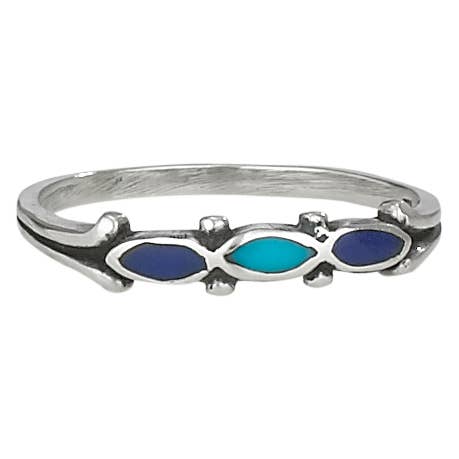 Silver ring with blue and turquoise stones on a white background