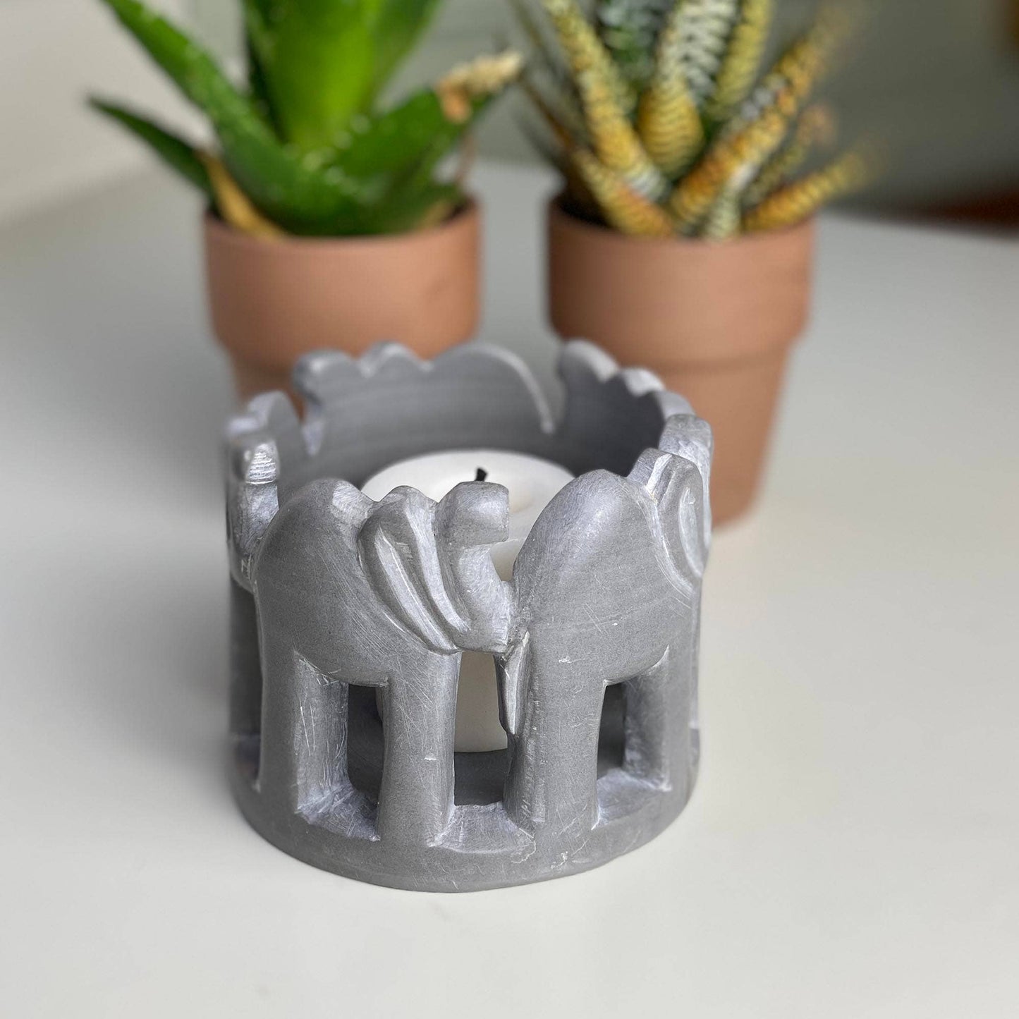 Gray Stone Circle of Elephants Soapstone Sculpture