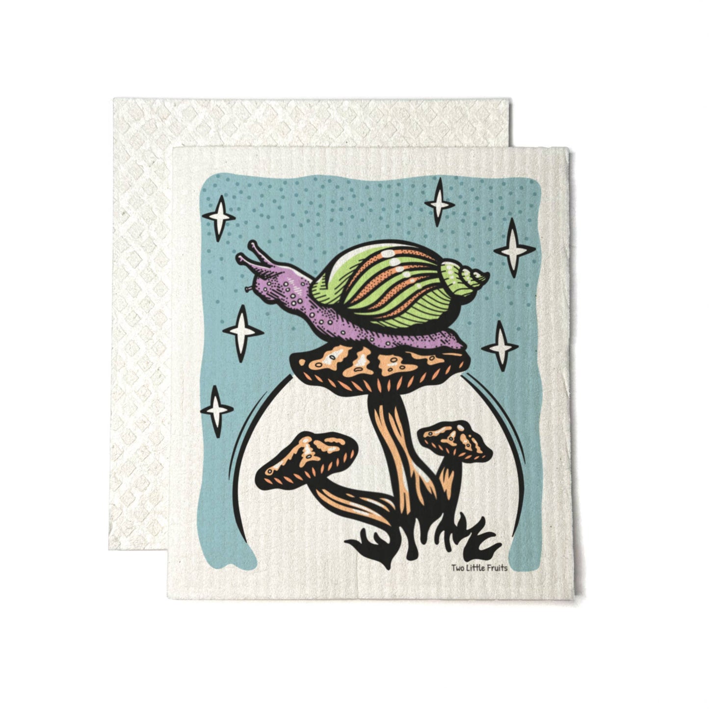 Woven Swedish dishcloth with a colorful snail and mushroom design on a white background