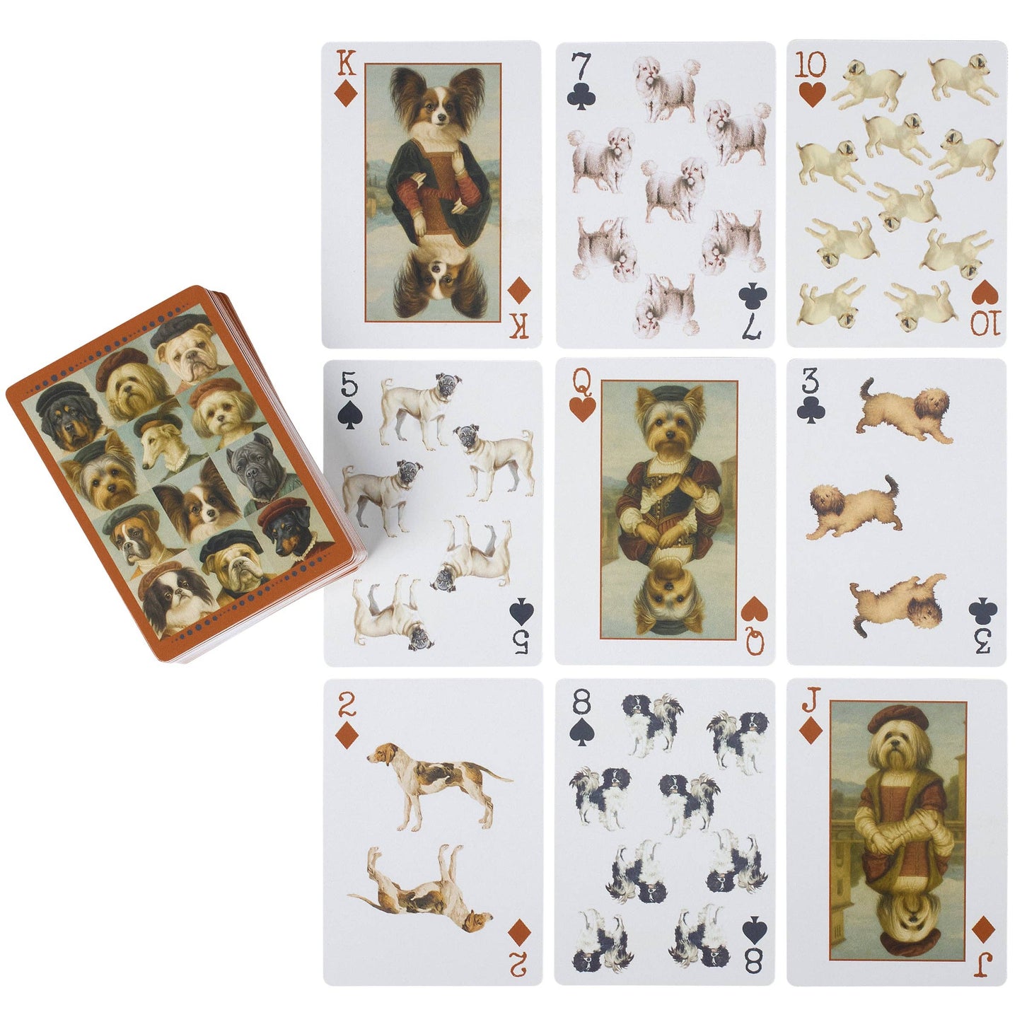 Playing cards with dog illustrations on a white background