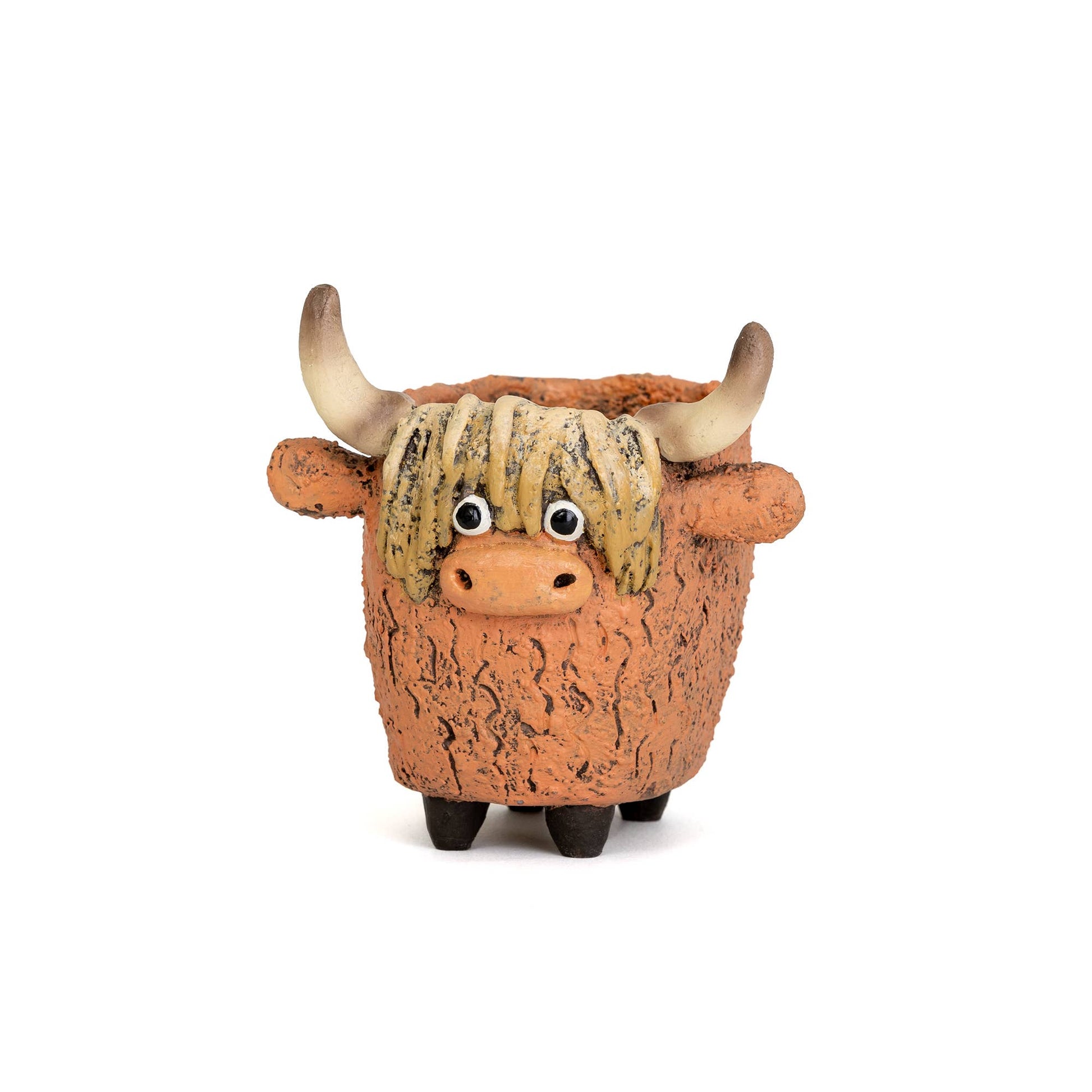 Ceramic highland cow planter with long horns and a curly tail on a white background