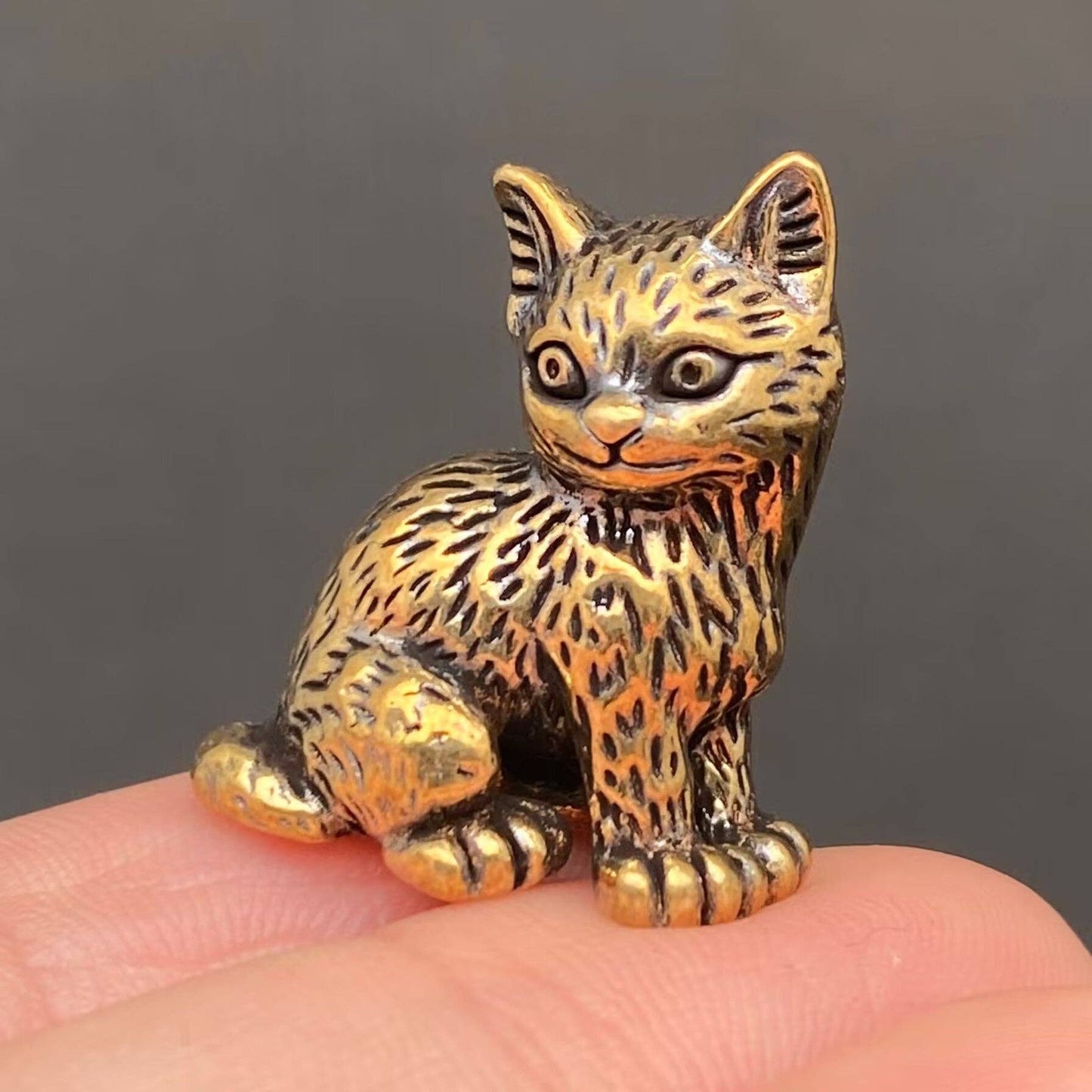 Brass figurine cat held in a hand against a dark background