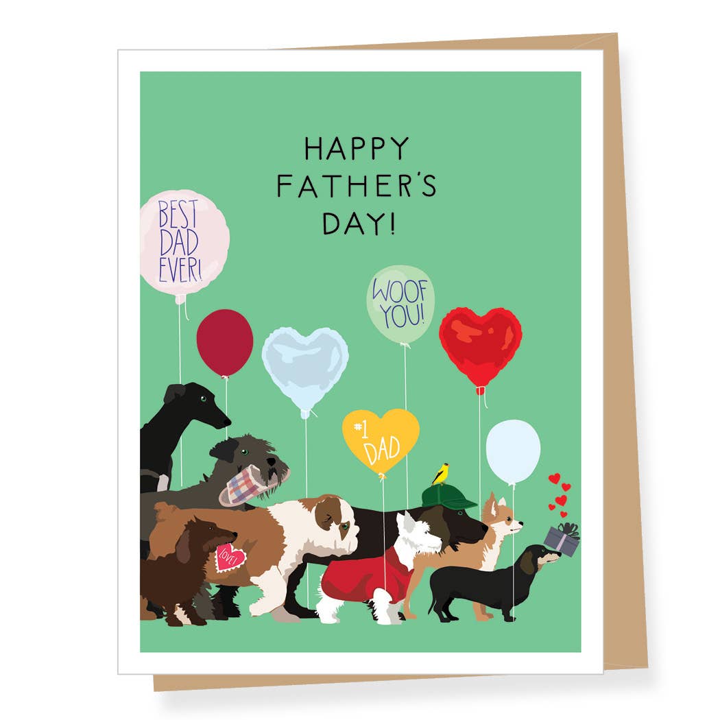 Father's Day card with dogs and balloons on a green background