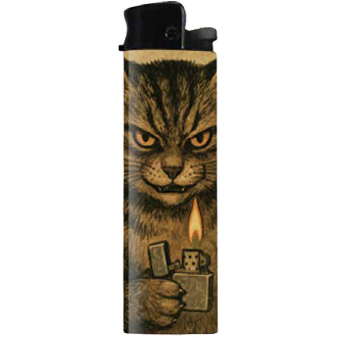 Lighter with a cat design holding a lighter on a white background