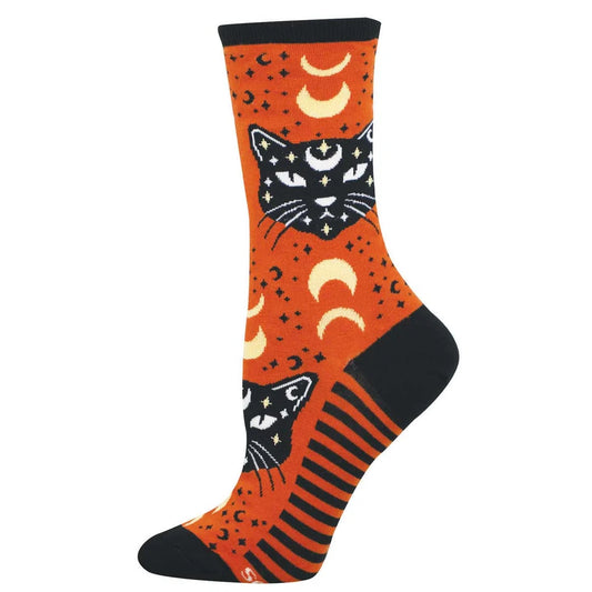 Orange sock with black cat and moon designs on a white background