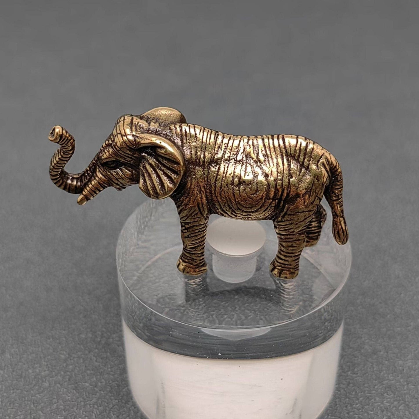 Brass figurine elephant on a clear stand with a gray background