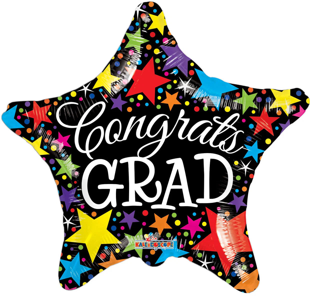 Star-shaped balloon with 'Congrats Grad' text and colorful star patterns on a white background