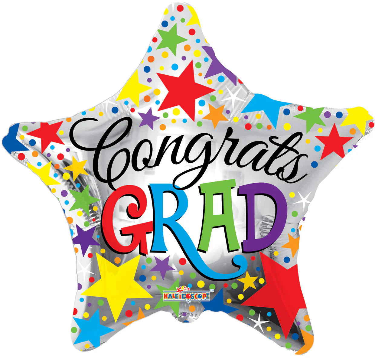 Star shaped colorful foil balloon with text Congrats Grad