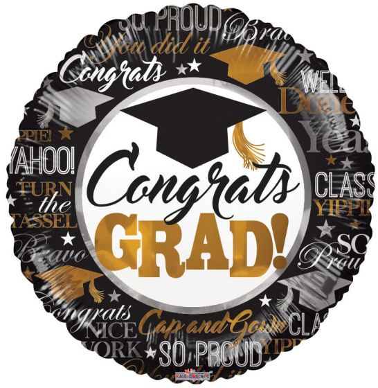 18" Congratulations GRAD Silver & Gold Circle Foil Balloon