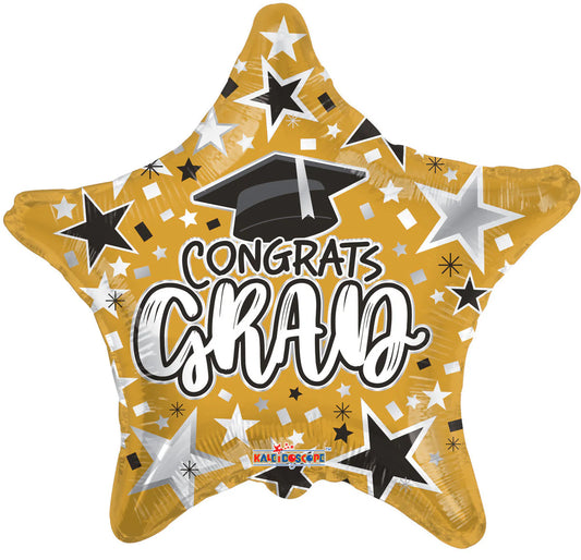 Star-shaped balloon with 'Congrats Grad' text and graduation cap design on a white background
